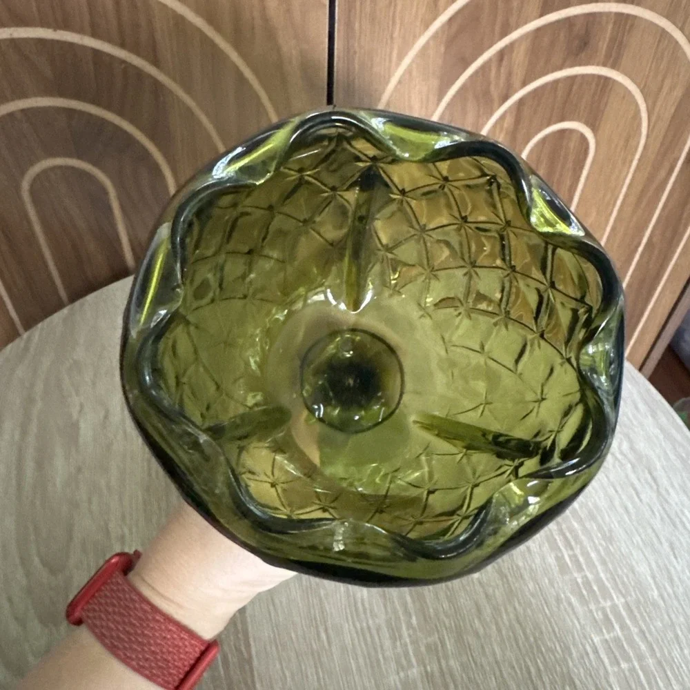 Indiana Glass Avocado Green Pedestal Diamond Ruffled Compote Candy Dish, Vintage
